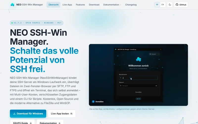 Website von NEO SSH-Win Manager am Computer