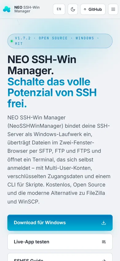 Website von NEO SSH-Win Manager am Handy
